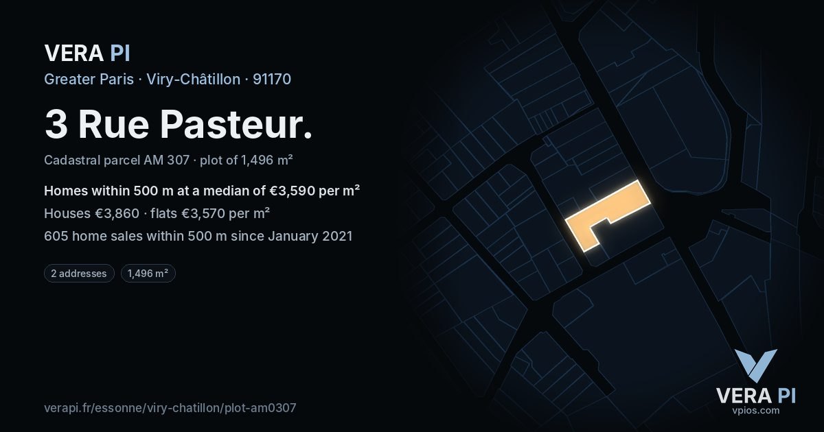 3 Rue Pasteur, Viry-Châtillon at night – the plot lit, the parcels around coloured by the prices near them