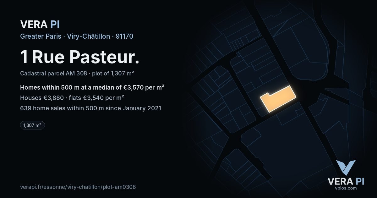 1 Rue Pasteur, Viry-Châtillon at night – the plot lit, the parcels around coloured by the prices near them