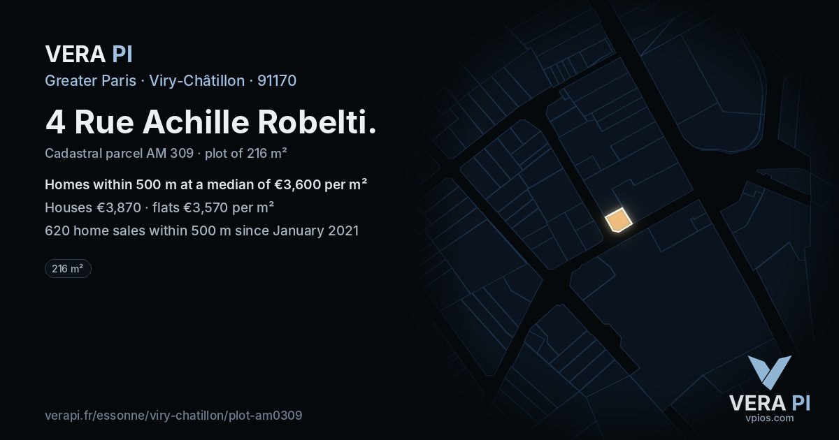 4 Rue Achille Robelti, Viry-Châtillon at night – the plot lit, the parcels around coloured by the prices near them