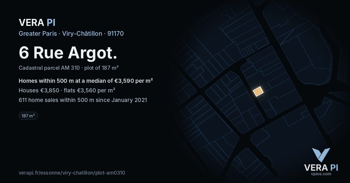 6 Rue Argot, Viry-Châtillon at night – the plot lit, the parcels around coloured by the prices near them