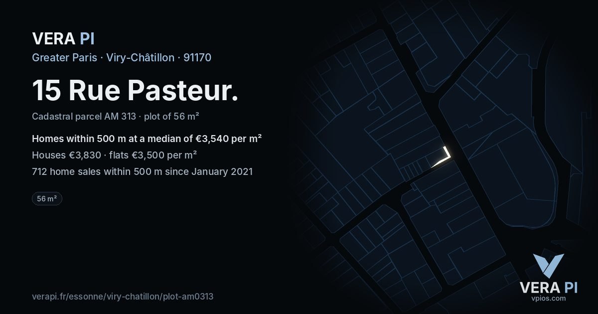 15 Rue Pasteur, Viry-Châtillon at night – the plot lit, the parcels around coloured by the prices near them