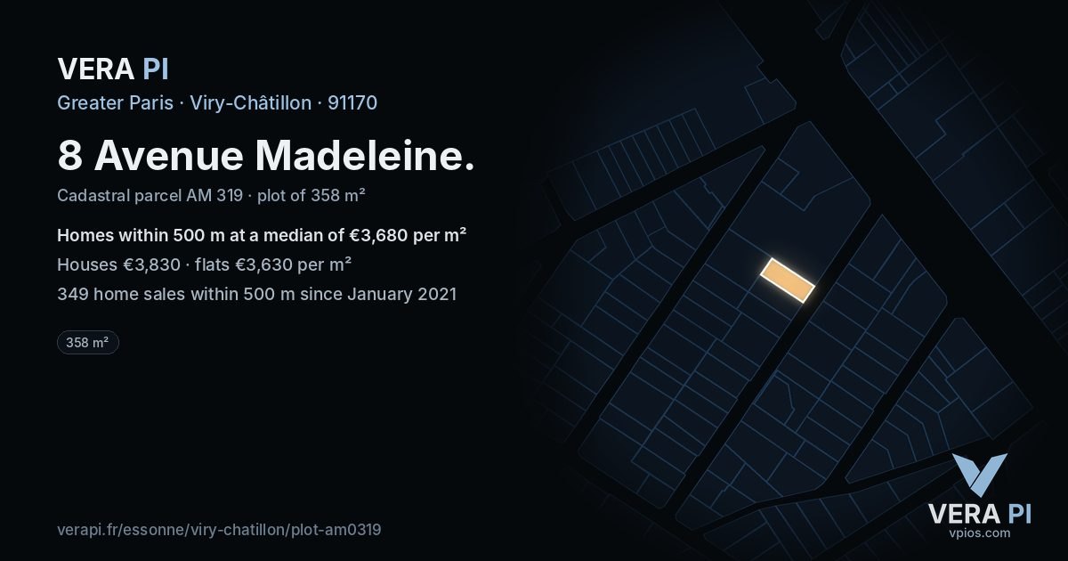 8 Avenue Madeleine, Viry-Châtillon at night – the plot lit, the parcels around coloured by the prices near them
