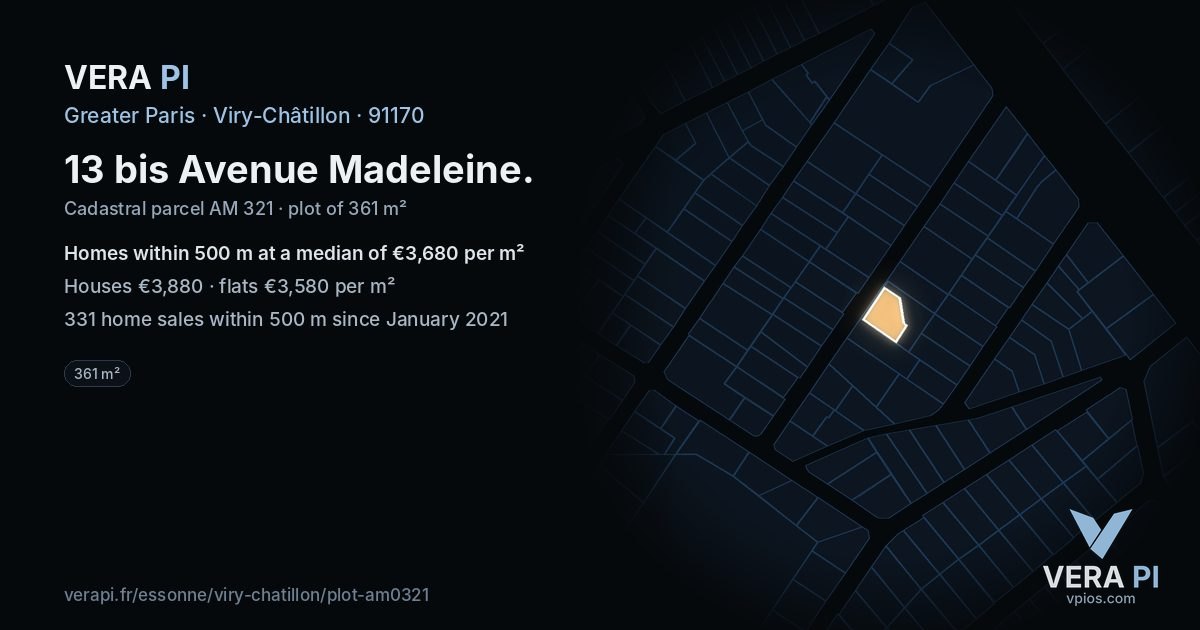 13 bis Avenue Madeleine, Viry-Châtillon at night – the plot lit, the parcels around coloured by the prices near them