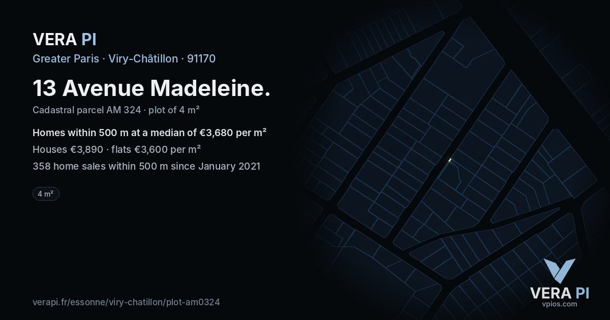 13 Avenue Madeleine, Viry-Châtillon at night – the plot lit, the parcels around coloured by the prices near them