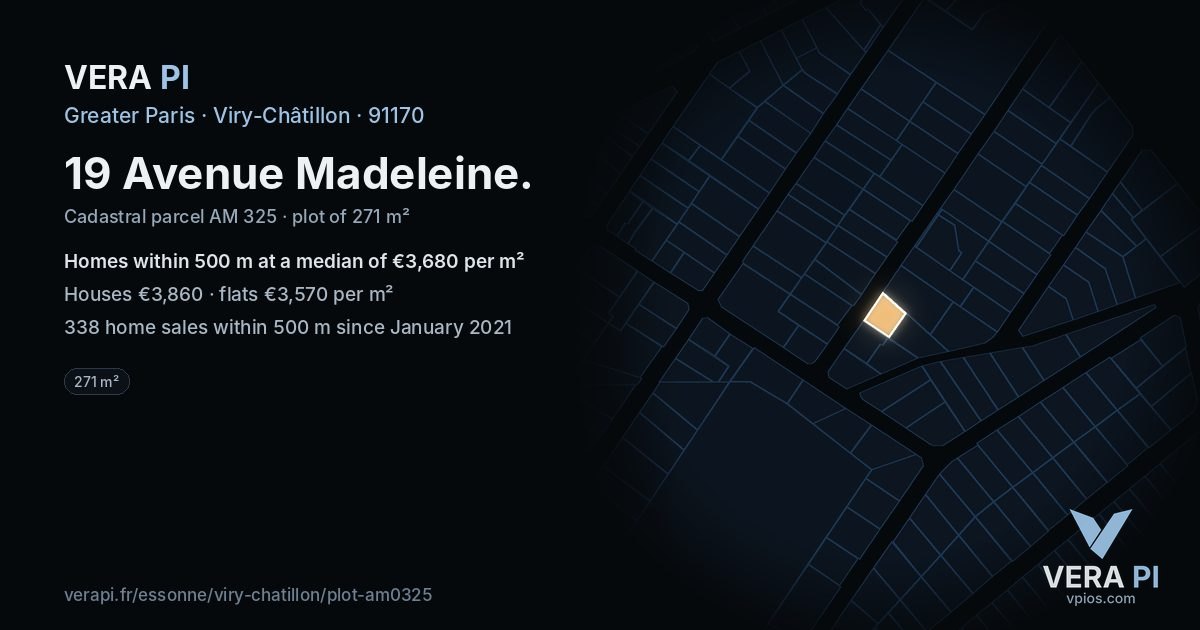 19 Avenue Madeleine, Viry-Châtillon at night – the plot lit, the parcels around coloured by the prices near them