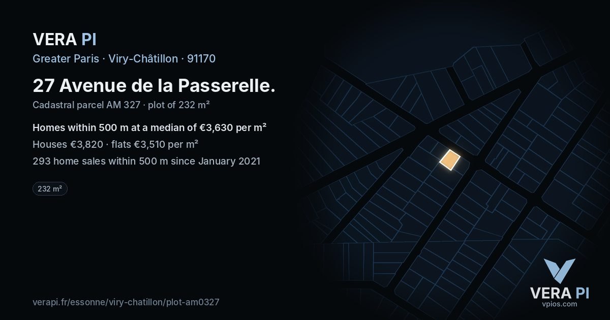 27 Avenue de la Passerelle, Viry-Châtillon at night – the plot lit, the parcels around coloured by the prices near them