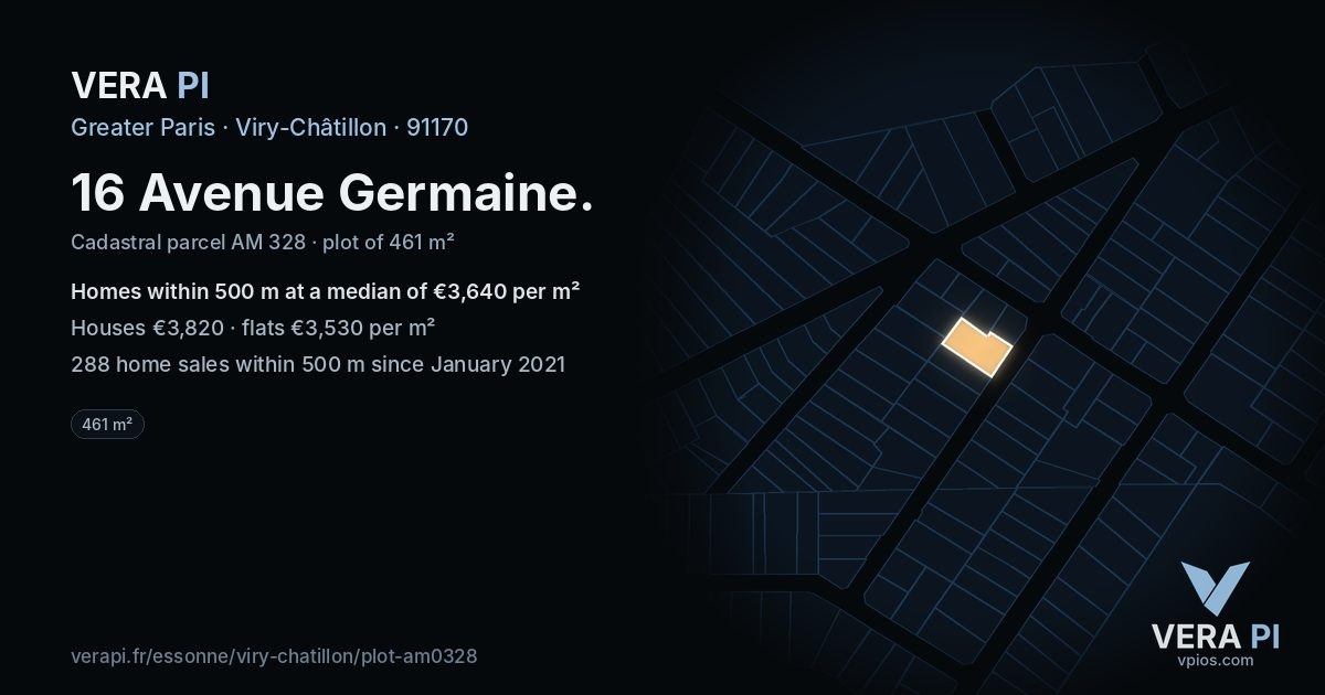 16 Avenue Germaine, Viry-Châtillon at night – the plot lit, the parcels around coloured by the prices near them