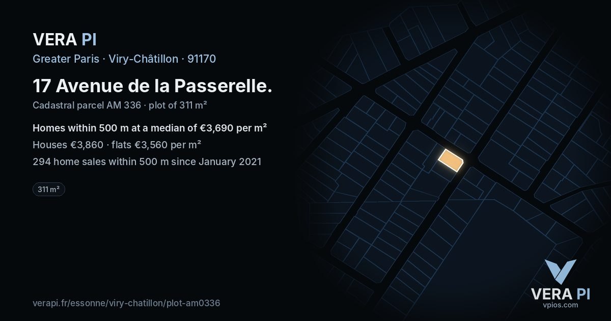 17 Avenue de la Passerelle, Viry-Châtillon at night – the plot lit, the parcels around coloured by the prices near them