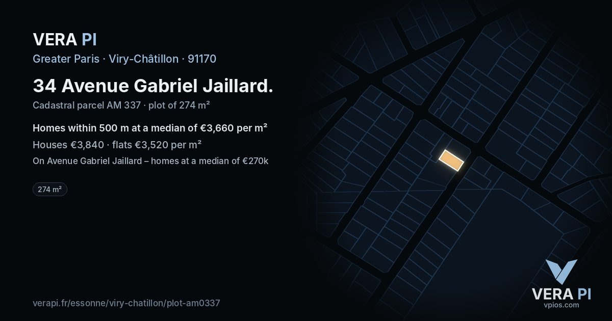 34 Avenue Gabriel Jaillard, Viry-Châtillon at night – the plot lit, the parcels around coloured by the prices near them