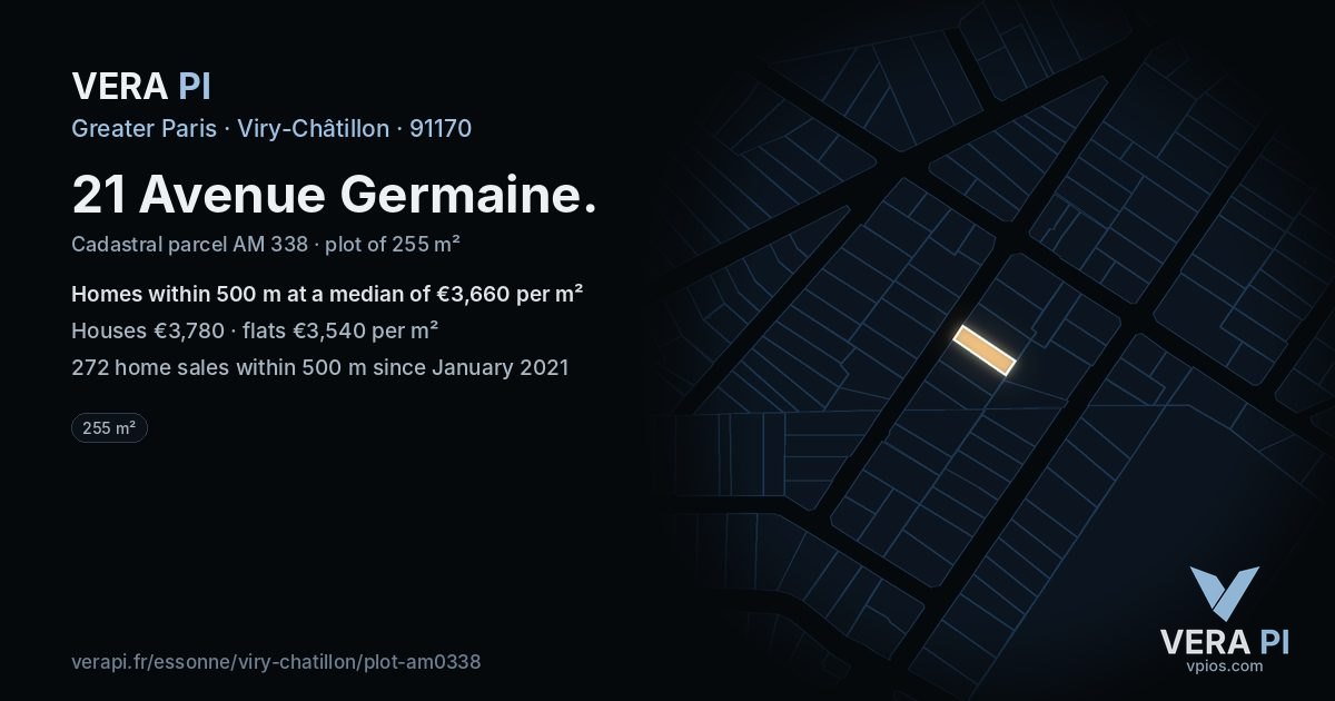 21 Avenue Germaine, Viry-Châtillon at night – the plot lit, the parcels around coloured by the prices near them