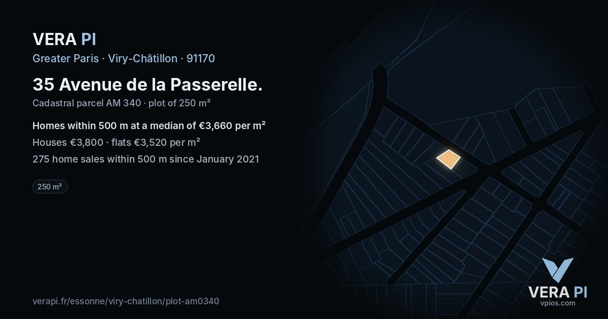 35 Avenue de la Passerelle, Viry-Châtillon at night – the plot lit, the parcels around coloured by the prices near them