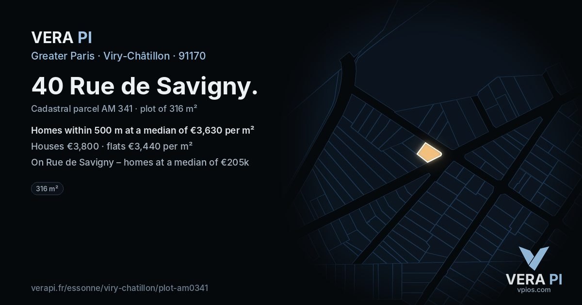 40 Rue de Savigny, Viry-Châtillon at night – the plot lit, the parcels around coloured by the prices near them