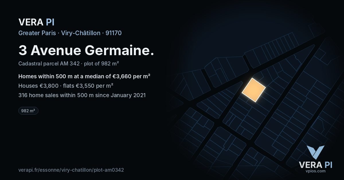 3 Avenue Germaine, Viry-Châtillon at night – the plot lit, the parcels around coloured by the prices near them