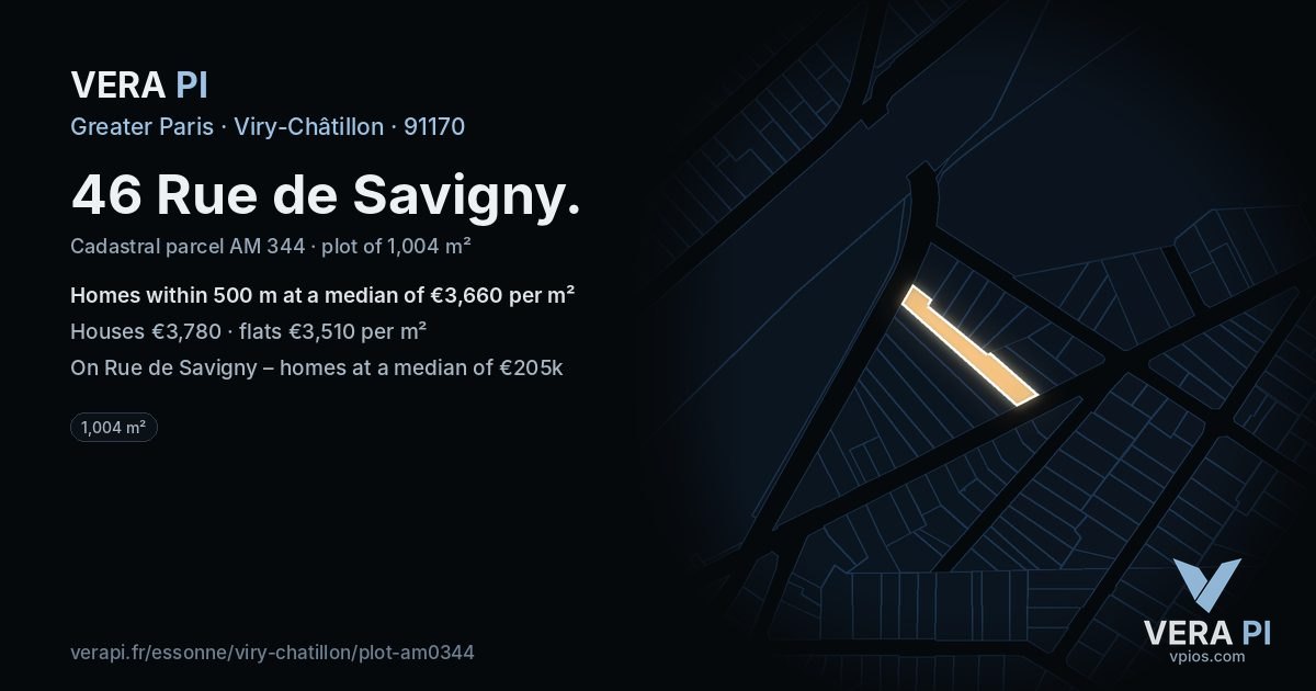 46 Rue de Savigny, Viry-Châtillon at night – the plot lit, the parcels around coloured by the prices near them