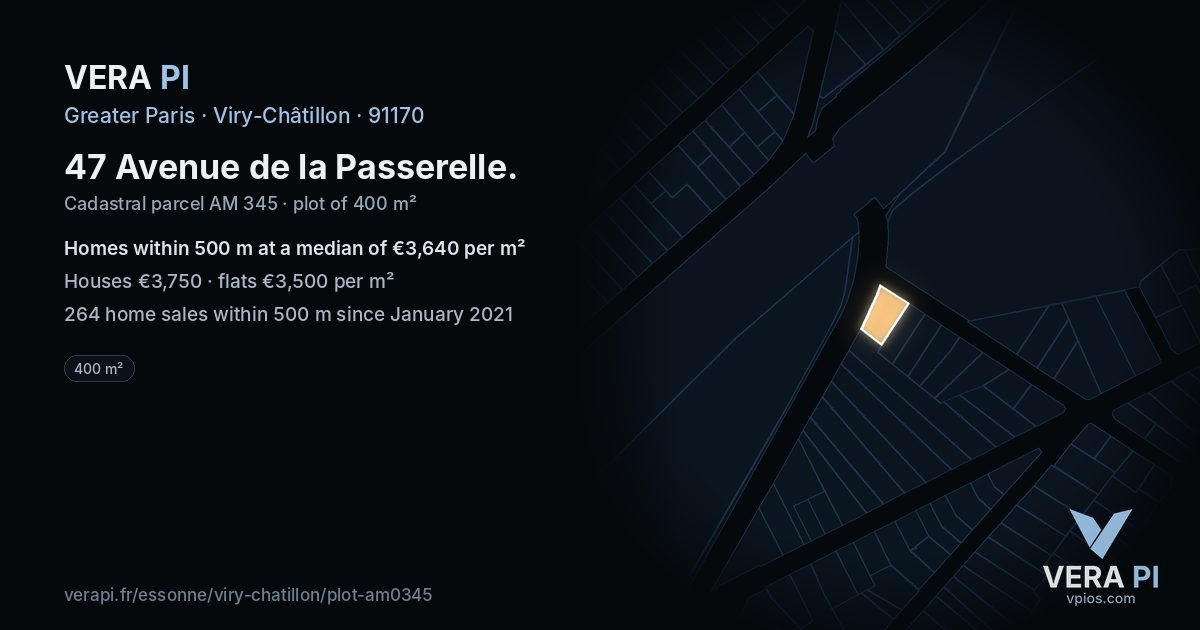 47 Avenue de la Passerelle, Viry-Châtillon at night – the plot lit, the parcels around coloured by the prices near them