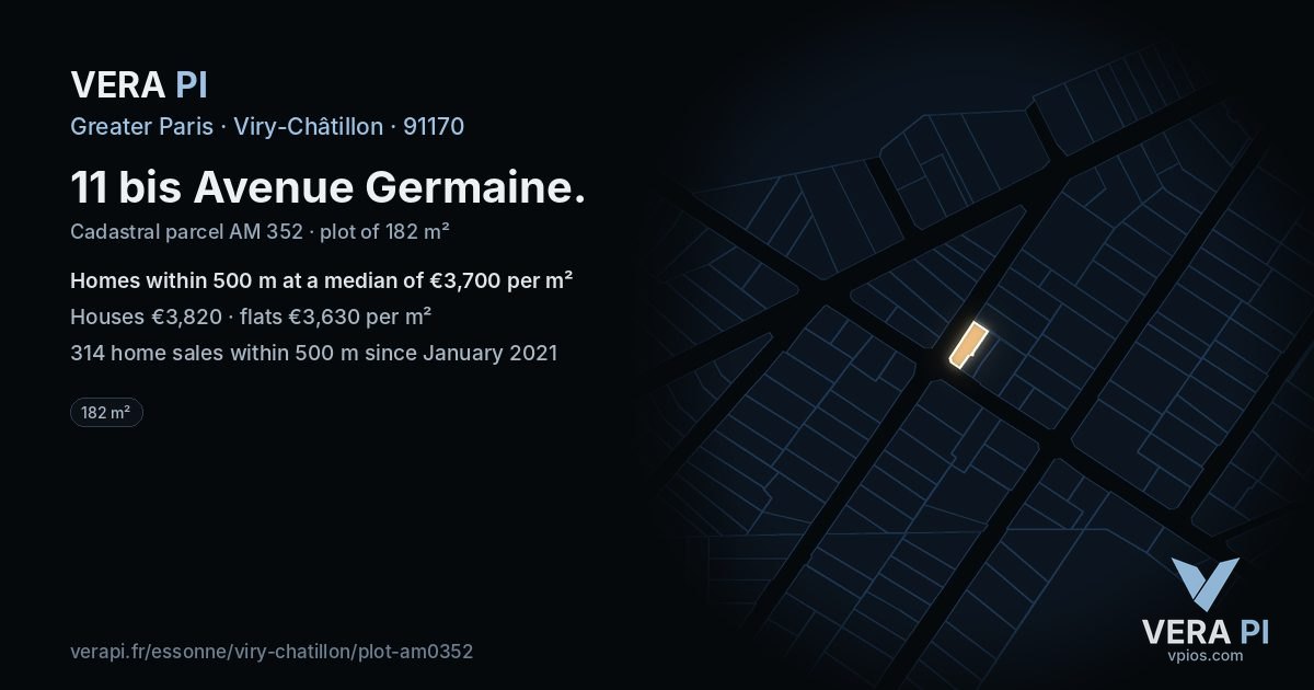 11 bis Avenue Germaine, Viry-Châtillon at night – the plot lit, the parcels around coloured by the prices near them