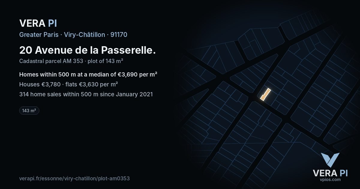 20 Avenue de la Passerelle, Viry-Châtillon at night – the plot lit, the parcels around coloured by the prices near them