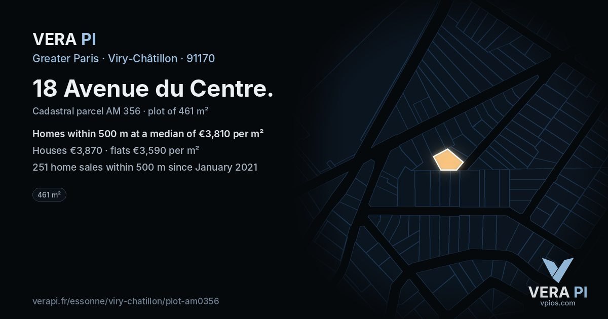 18 Avenue du Centre, Viry-Châtillon at night – the plot lit, the parcels around coloured by the prices near them