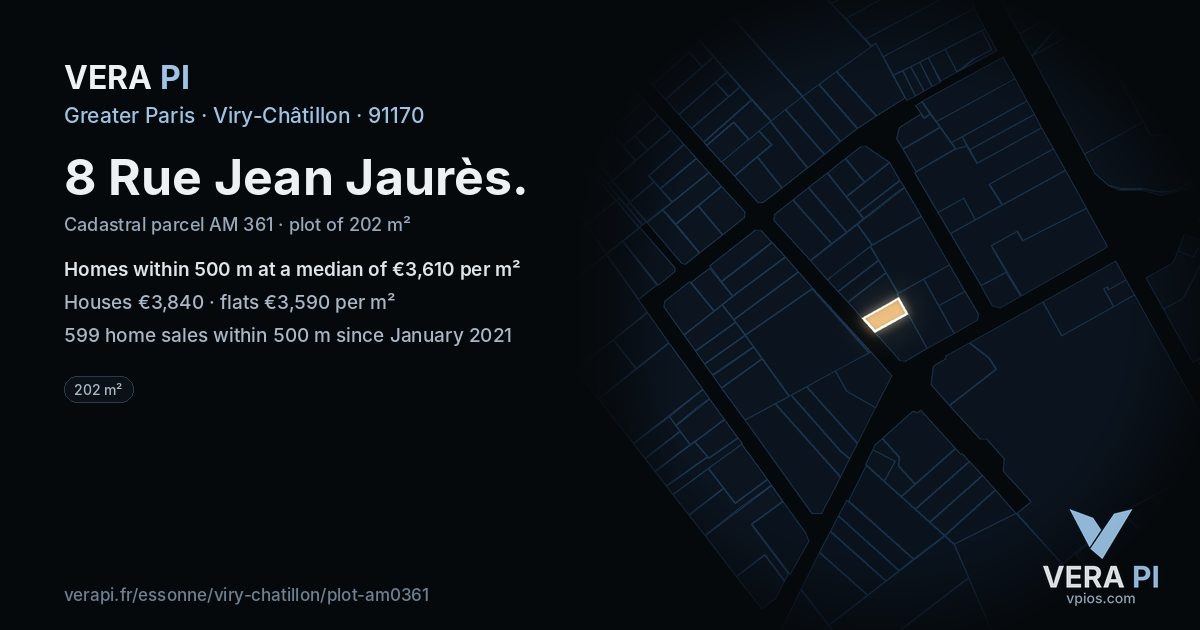 8 Rue Jean Jaurès, Viry-Châtillon at night – the plot lit, the parcels around coloured by the prices near them
