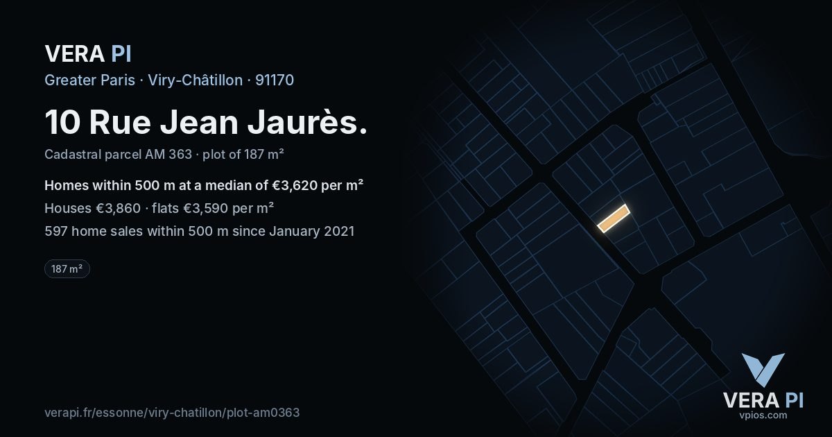 10 Rue Jean Jaurès, Viry-Châtillon at night – the plot lit, the parcels around coloured by the prices near them