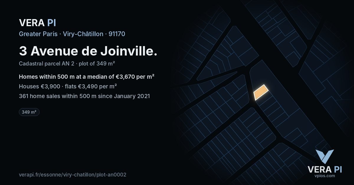 3 Avenue de Joinville, Viry-Châtillon at night – the plot lit, the parcels around coloured by the prices near them
