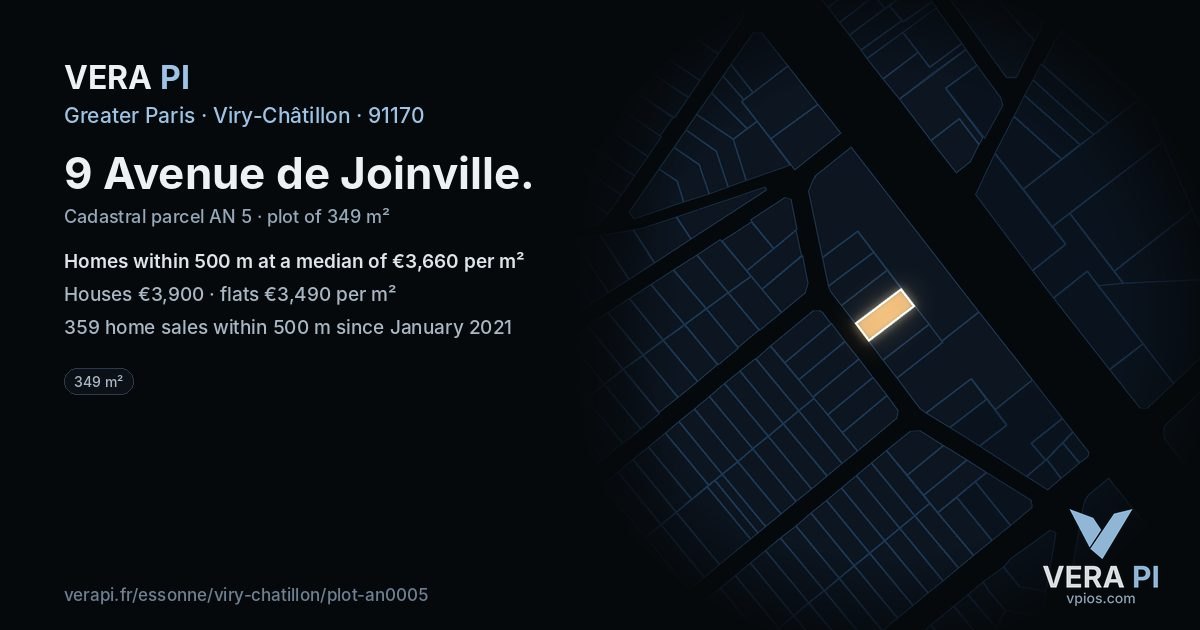 9 Avenue de Joinville, Viry-Châtillon at night – the plot lit, the parcels around coloured by the prices near them