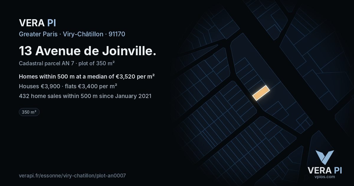 13 Avenue de Joinville, Viry-Châtillon at night – the plot lit, the parcels around coloured by the prices near them