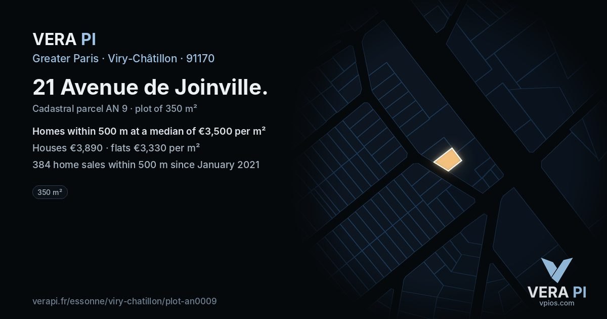 21 Avenue de Joinville, Viry-Châtillon at night – the plot lit, the parcels around coloured by the prices near them