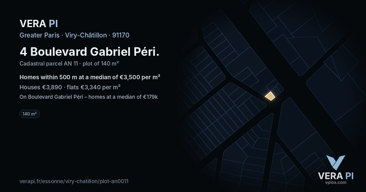 4 Boulevard Gabriel Péri, Viry-Châtillon at night – the plot lit, the parcels around coloured by the prices near them