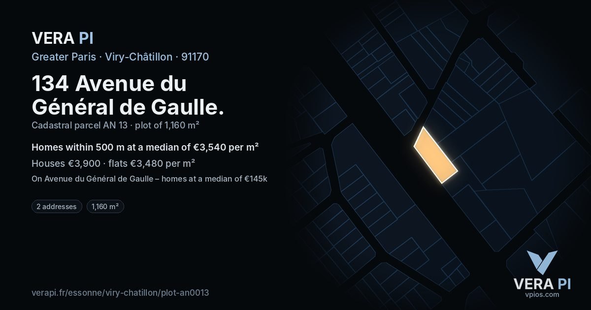 134 Avenue du Général de Gaulle, Viry-Châtillon at night – the plot lit, the parcels around coloured by the prices near them