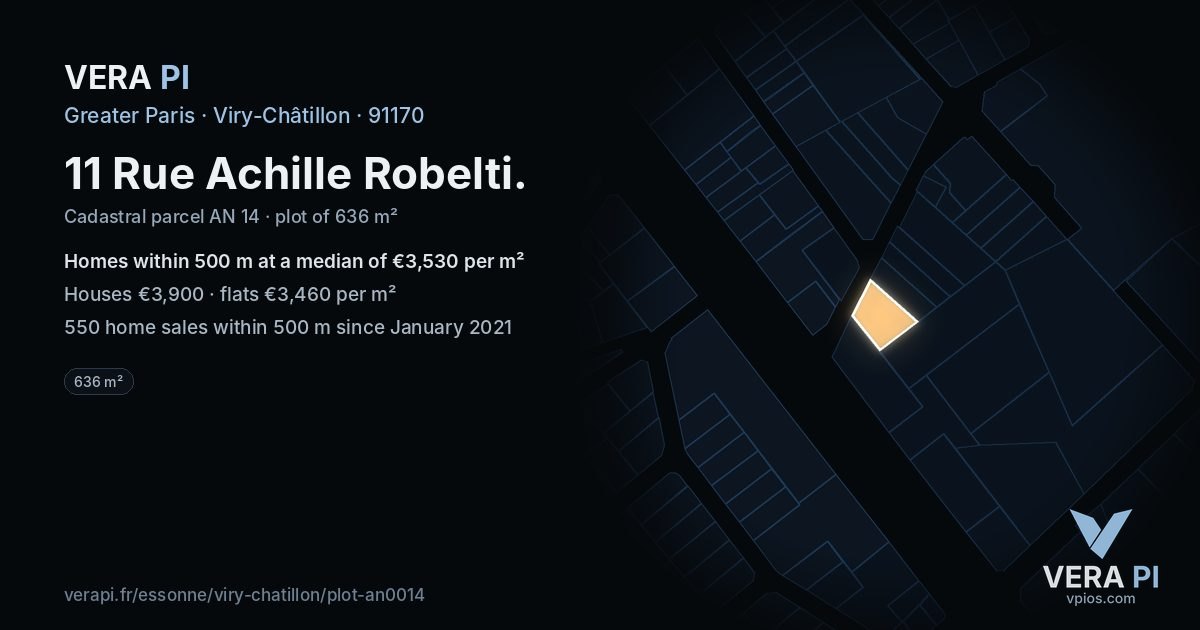 11 Rue Achille Robelti, Viry-Châtillon at night – the plot lit, the parcels around coloured by the prices near them