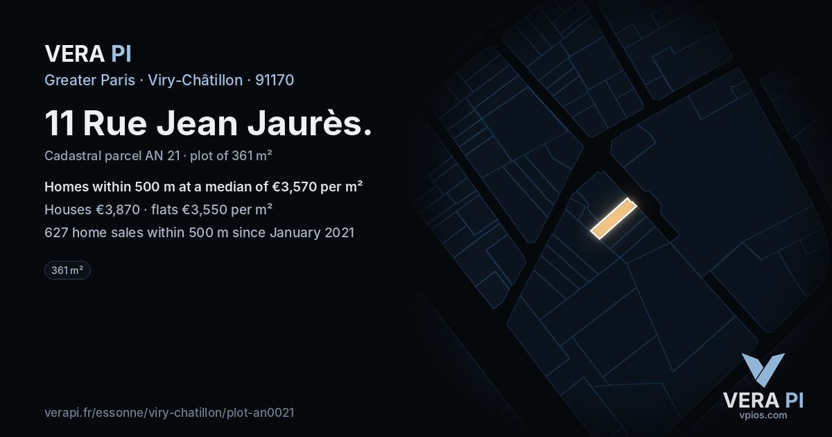 11 Rue Jean Jaurès, Viry-Châtillon at night – the plot lit, the parcels around coloured by the prices near them