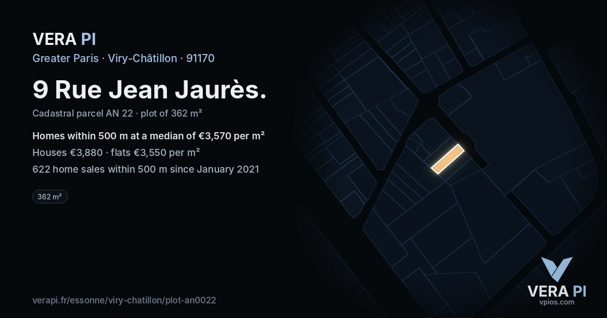 9 Rue Jean Jaurès, Viry-Châtillon at night – the plot lit, the parcels around coloured by the prices near them