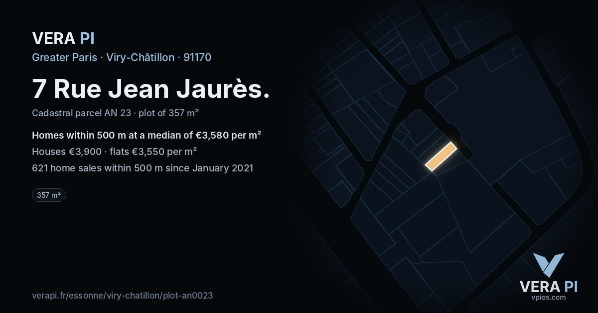 7 Rue Jean Jaurès, Viry-Châtillon at night – the plot lit, the parcels around coloured by the prices near them