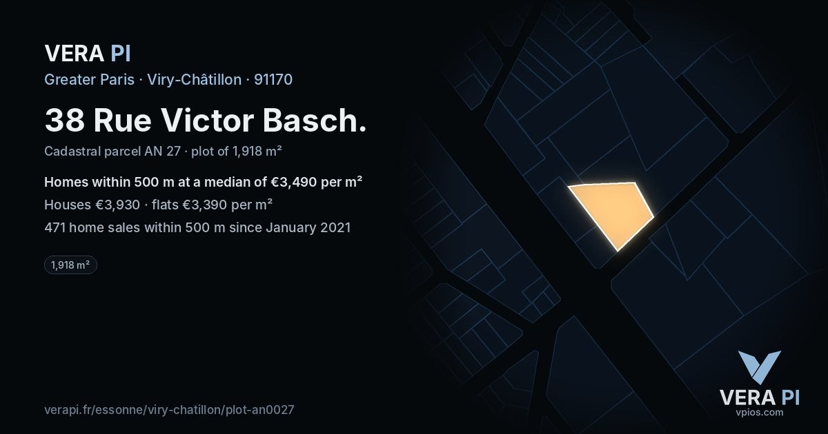 38 Rue Victor Basch, Viry-Châtillon at night – the plot lit, the parcels around coloured by the prices near them