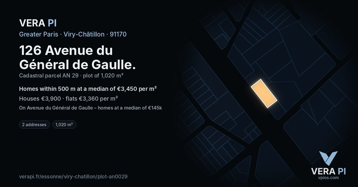 126 Avenue du Général de Gaulle, Viry-Châtillon at night – the plot lit, the parcels around coloured by the prices near them