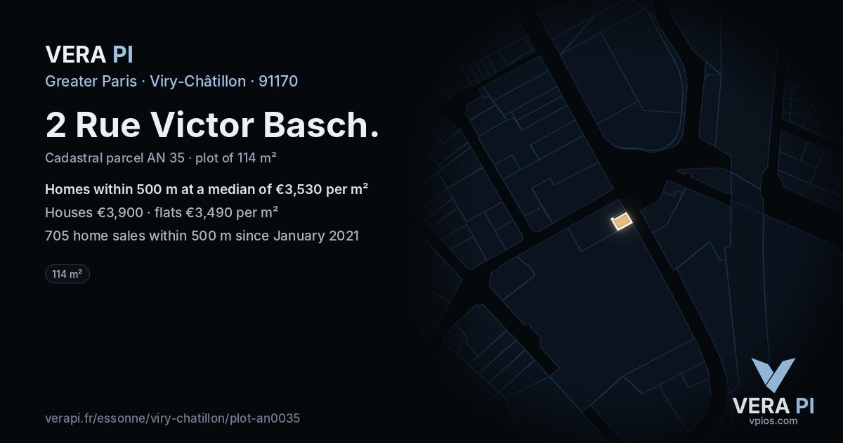 2 Rue Victor Basch, Viry-Châtillon at night – the plot lit, the parcels around coloured by the prices near them