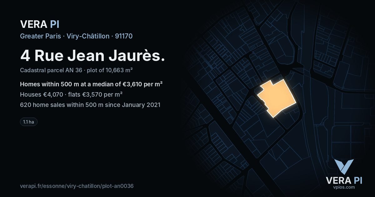 4 Rue Jean Jaurès, Viry-Châtillon at night – the plot lit, the parcels around coloured by the prices near them