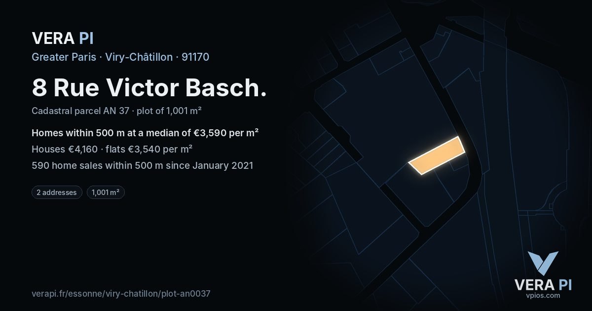 8 Rue Victor Basch, Viry-Châtillon at night – the plot lit, the parcels around coloured by the prices near them