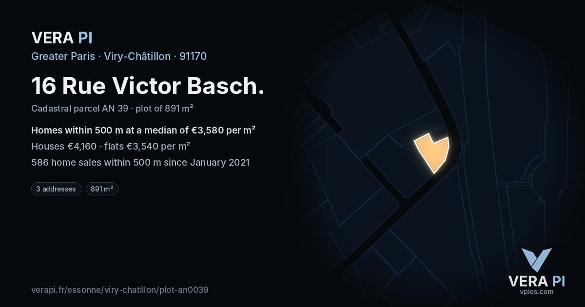 16 Rue Victor Basch, Viry-Châtillon at night – the plot lit, the parcels around coloured by the prices near them