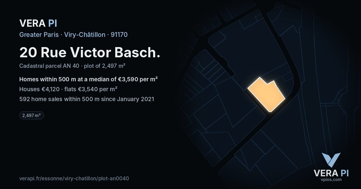 20 Rue Victor Basch, Viry-Châtillon at night – the plot lit, the parcels around coloured by the prices near them