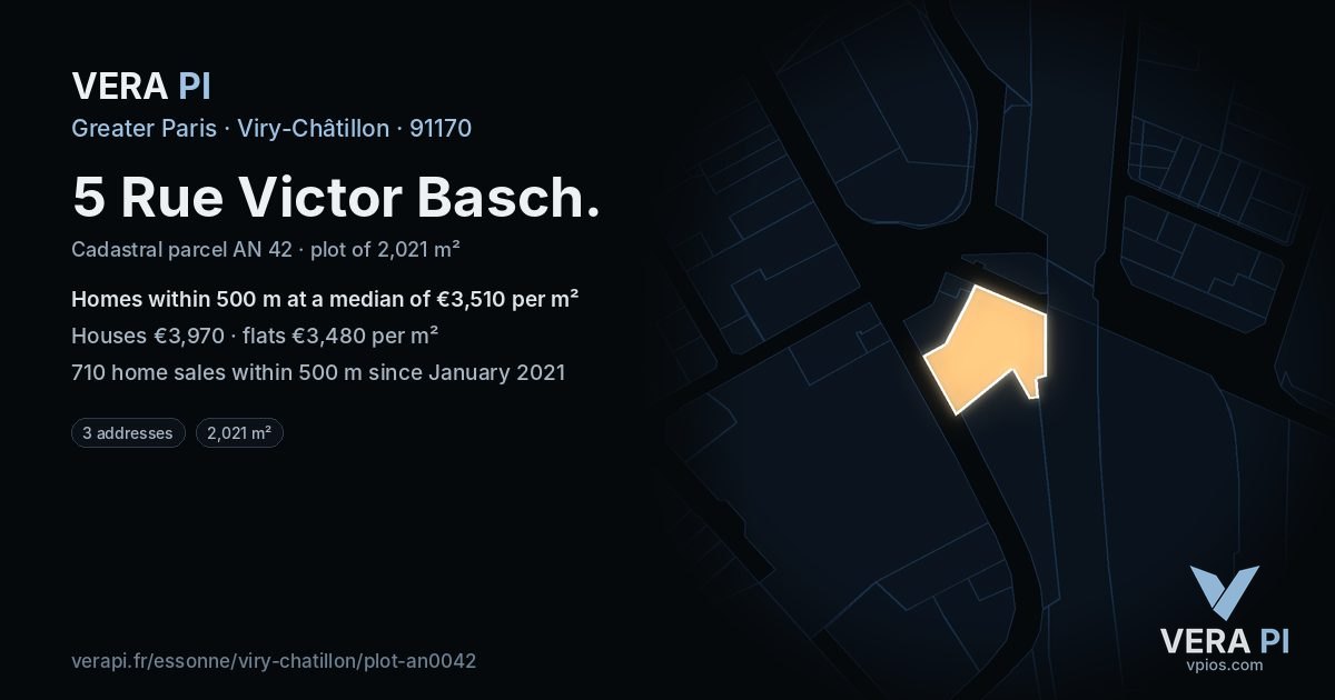 5 Rue Victor Basch, Viry-Châtillon at night – the plot lit, the parcels around coloured by the prices near them