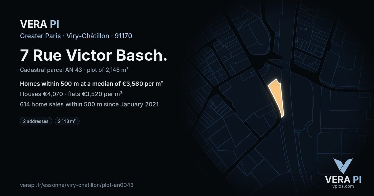 7 Rue Victor Basch, Viry-Châtillon at night – the plot lit, the parcels around coloured by the prices near them