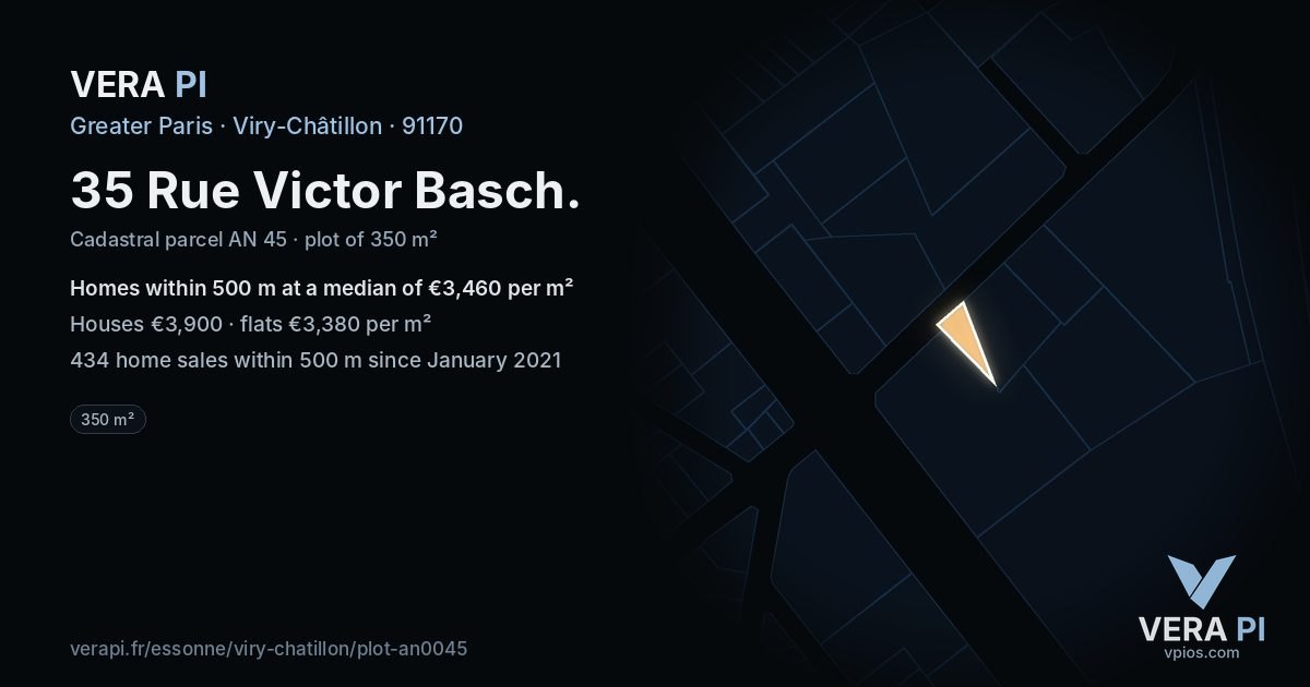 35 Rue Victor Basch, Viry-Châtillon at night – the plot lit, the parcels around coloured by the prices near them