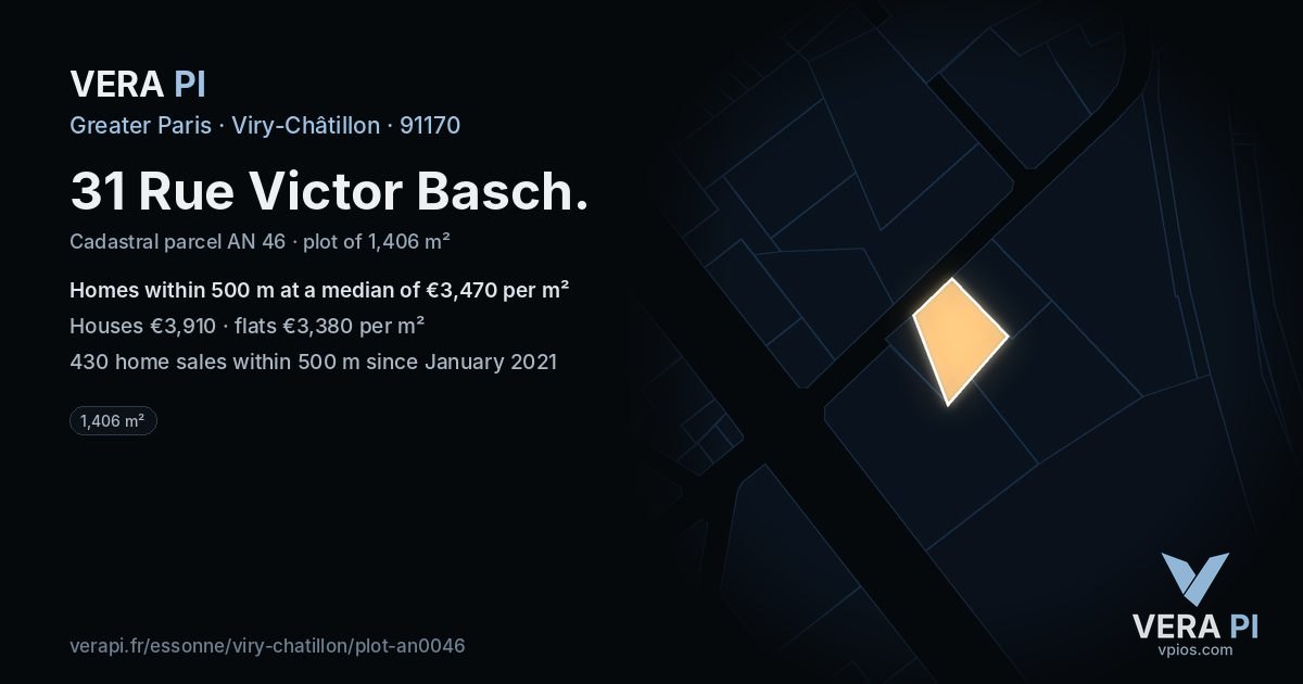 31 Rue Victor Basch, Viry-Châtillon at night – the plot lit, the parcels around coloured by the prices near them