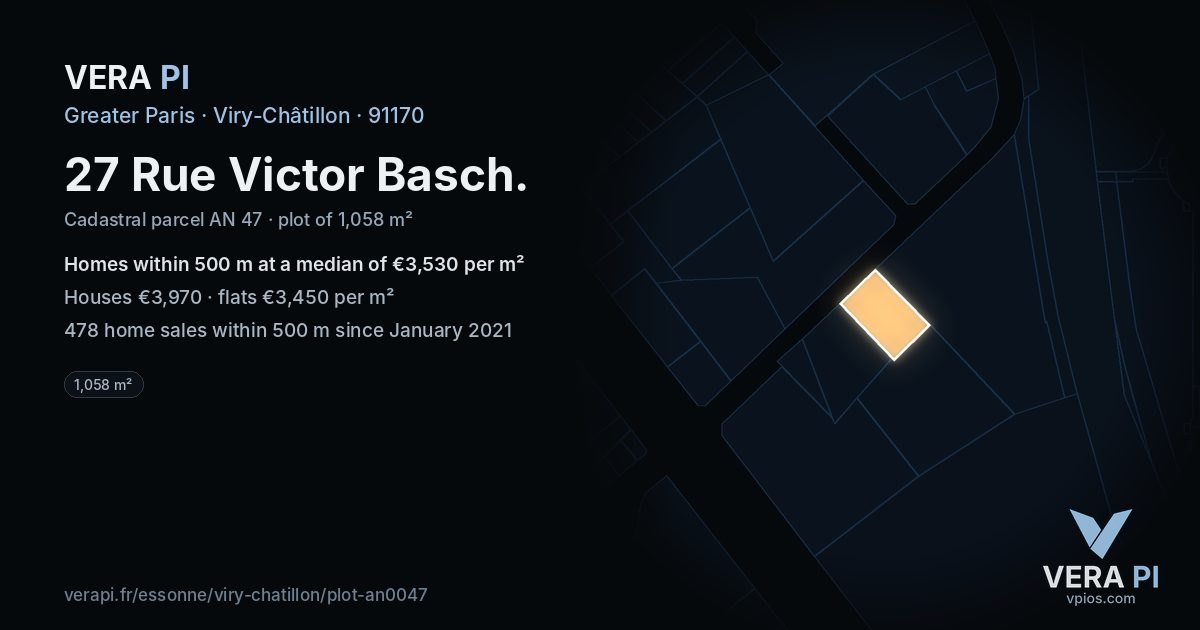 27 Rue Victor Basch, Viry-Châtillon at night – the plot lit, the parcels around coloured by the prices near them