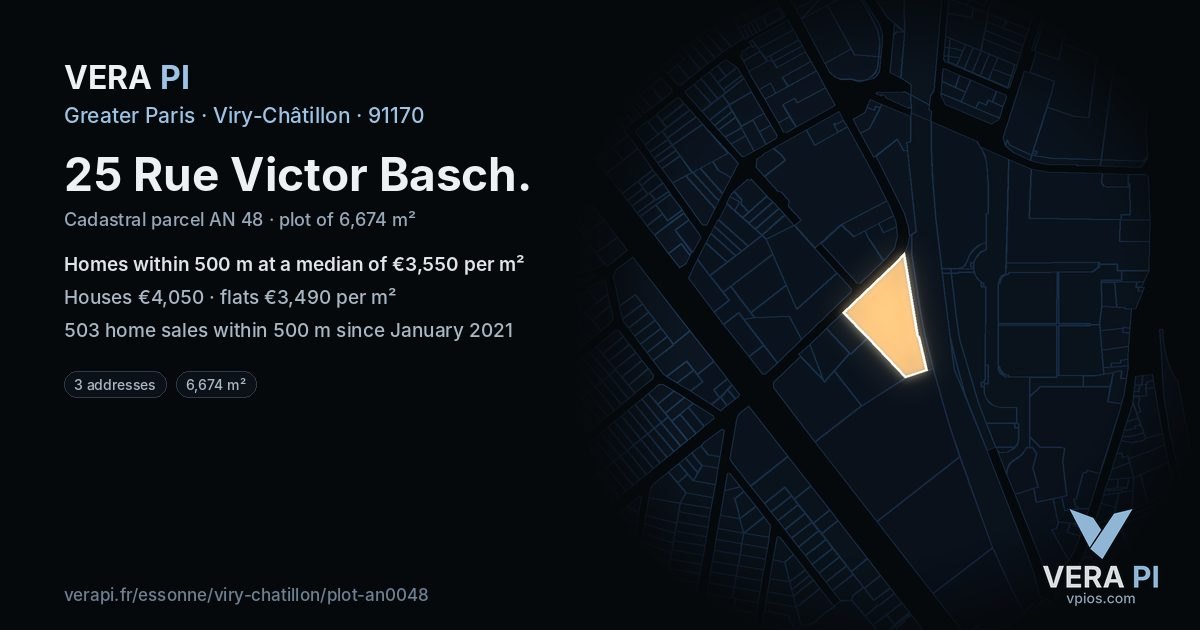 25 Rue Victor Basch, Viry-Châtillon at night – the plot lit, the parcels around coloured by the prices near them