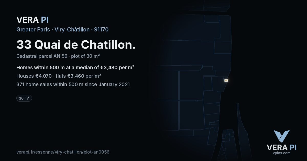 33 Quai de Chatillon, Viry-Châtillon at night – the plot lit, the parcels around coloured by the prices near them