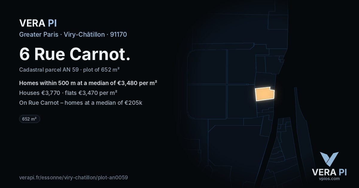 6 Rue Carnot, Viry-Châtillon at night – the plot lit, the parcels around coloured by the prices near them