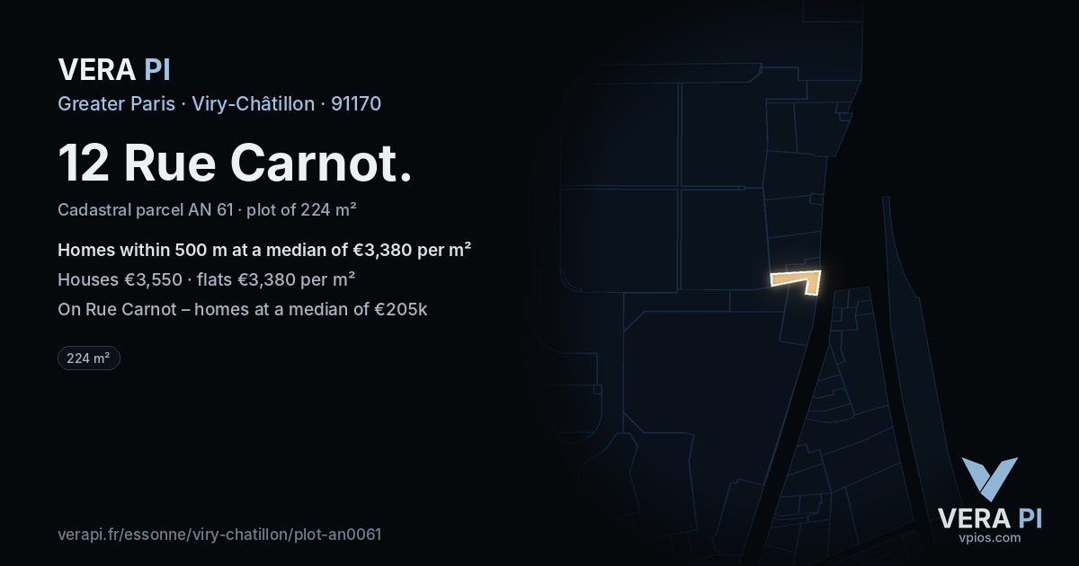 12 Rue Carnot, Viry-Châtillon at night – the plot lit, the parcels around coloured by the prices near them
